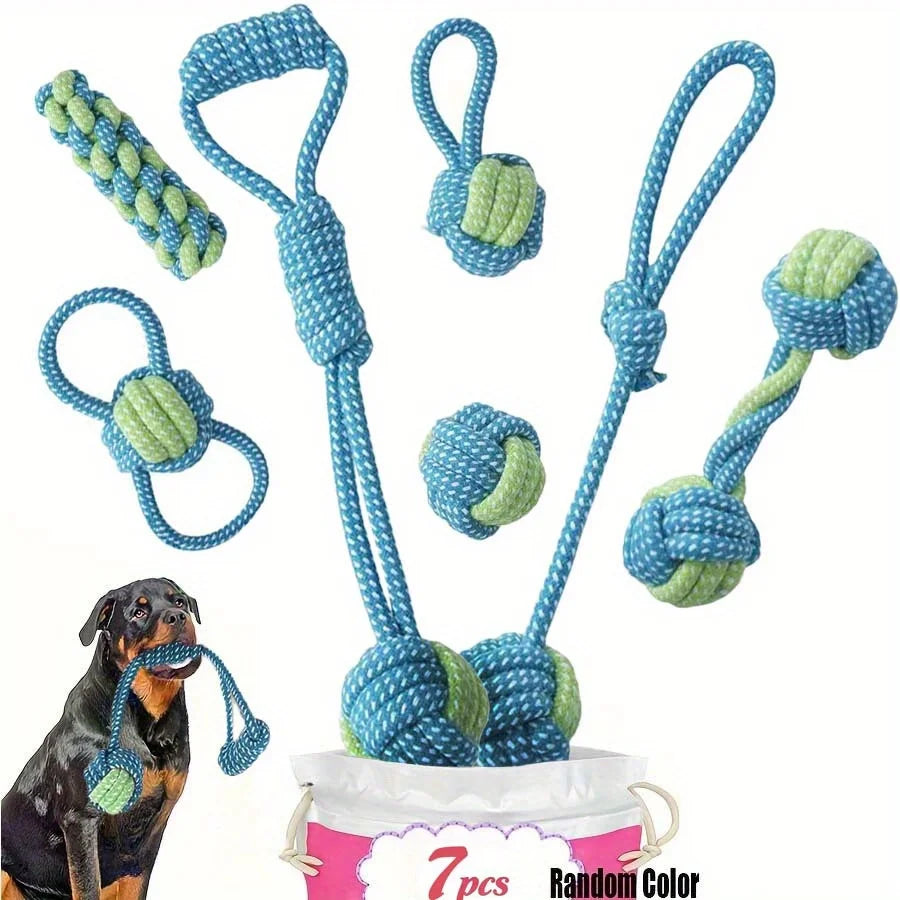 7pcs Dog Rope Chew Toys, Interactive Knot Toys Durable Training Set，Teething Puppies & Aggressive Chewers, Indoor/Outdoor Play